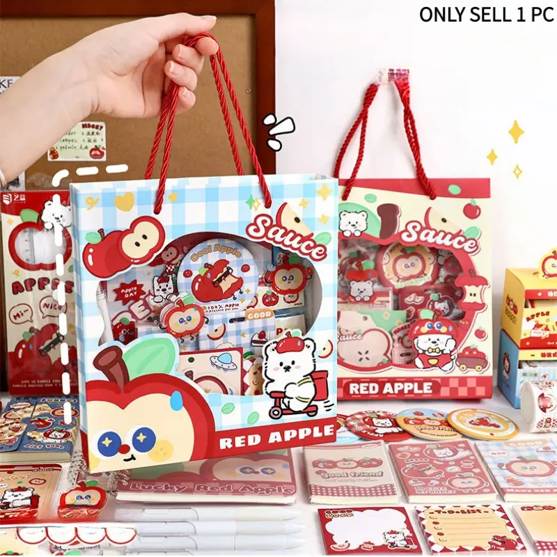 Red Apple Cartoon Stationery Gift Set - A5 Notebook, Pen, Stickers, Mirror & Decorations in Gift Bag | Cute School Supplies for Kids, Student Prizes, Birthday Party Favors, Classroom Return Gifts