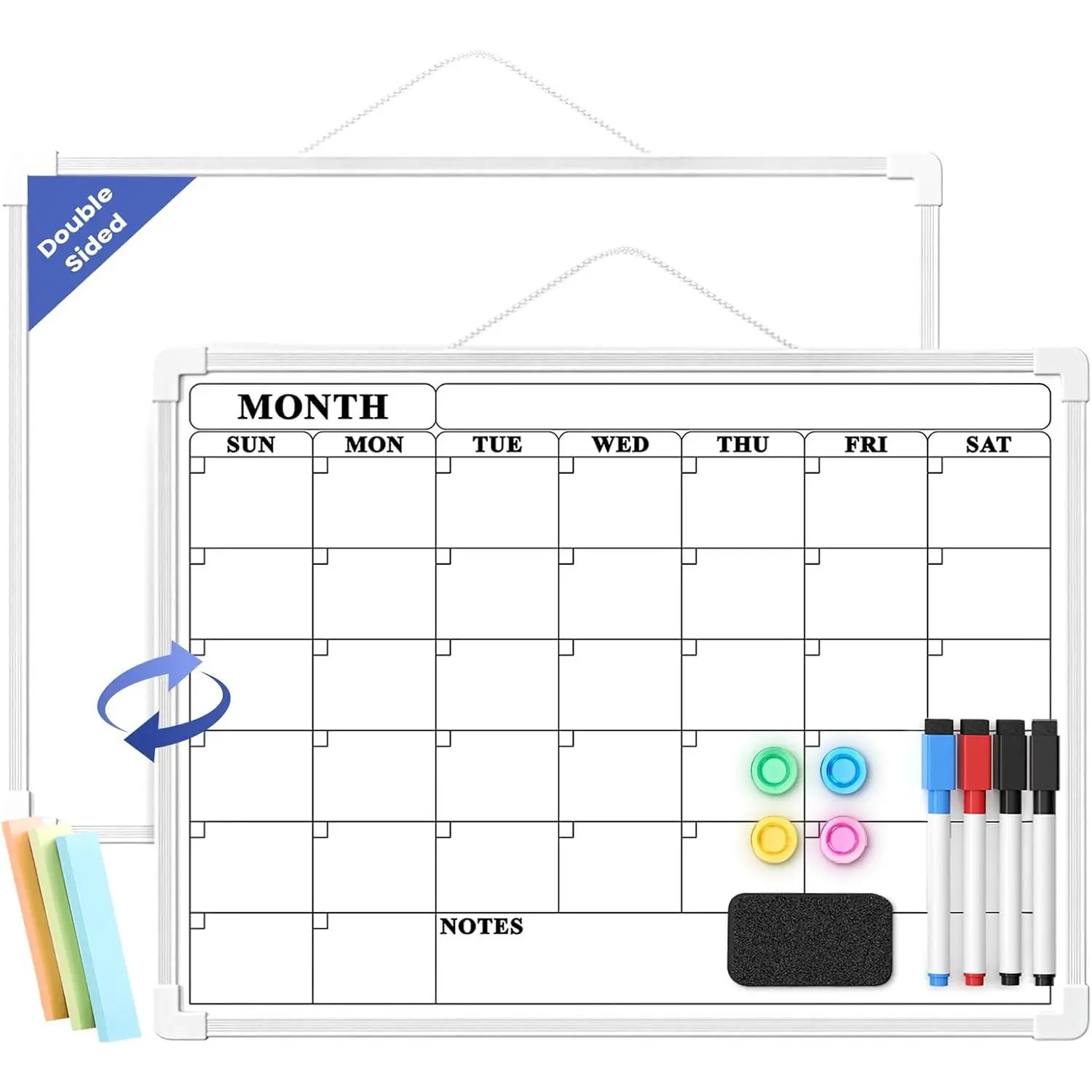 16x12in Monthly Calendar Planner, Small Plastic-Framed Double-Sided Dry Erase Wall Board Planning Tool with 3 Mini Sticky Notes for Kitchen & Office