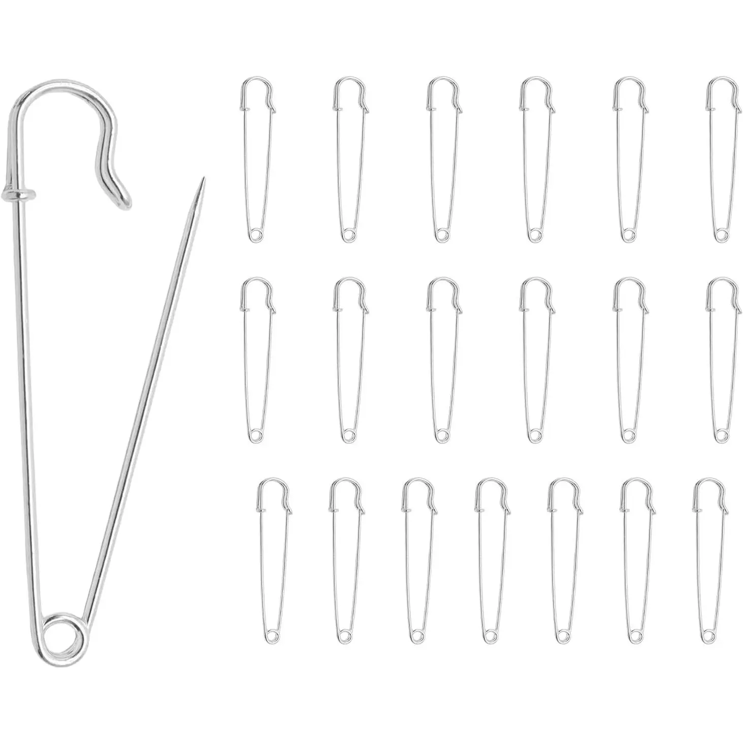 New 3-1/2" Heavy Duty Safety Pins 20 Pack Silver, 1.8mm Steel Lock