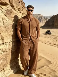 Summer Solid Color Linen Men's Two-Piece Set, Stand Collar Short Sleeve Shirt, Drawstring Long Pants, Beach Vacation