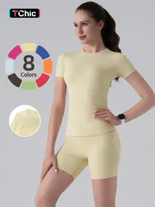 Two-Piece Set Women's Solid Round Neck Tee & High Waist Biker Shorts Tracksuit Set, Sweatsuit Outfits, Casual Sportswear for Indoor Outdoor Wear