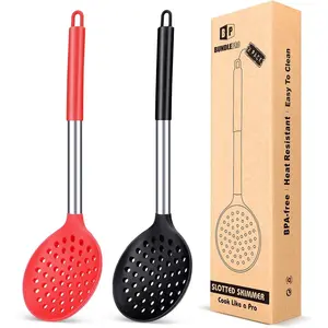 Kitchen Ladle Strainer Set of 2 Large Slotted Spoon High Heat Resistant BPA Free Non Stick Cooking Skimmers For Draining and Frying Black and Red
