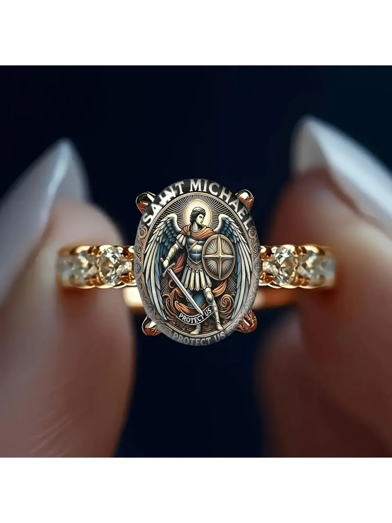 Retro oval angel figure art print ring, Statement Ring, a ladies' jewelry with a side-set diamond, symbolizing protection, featuring a light luxury style