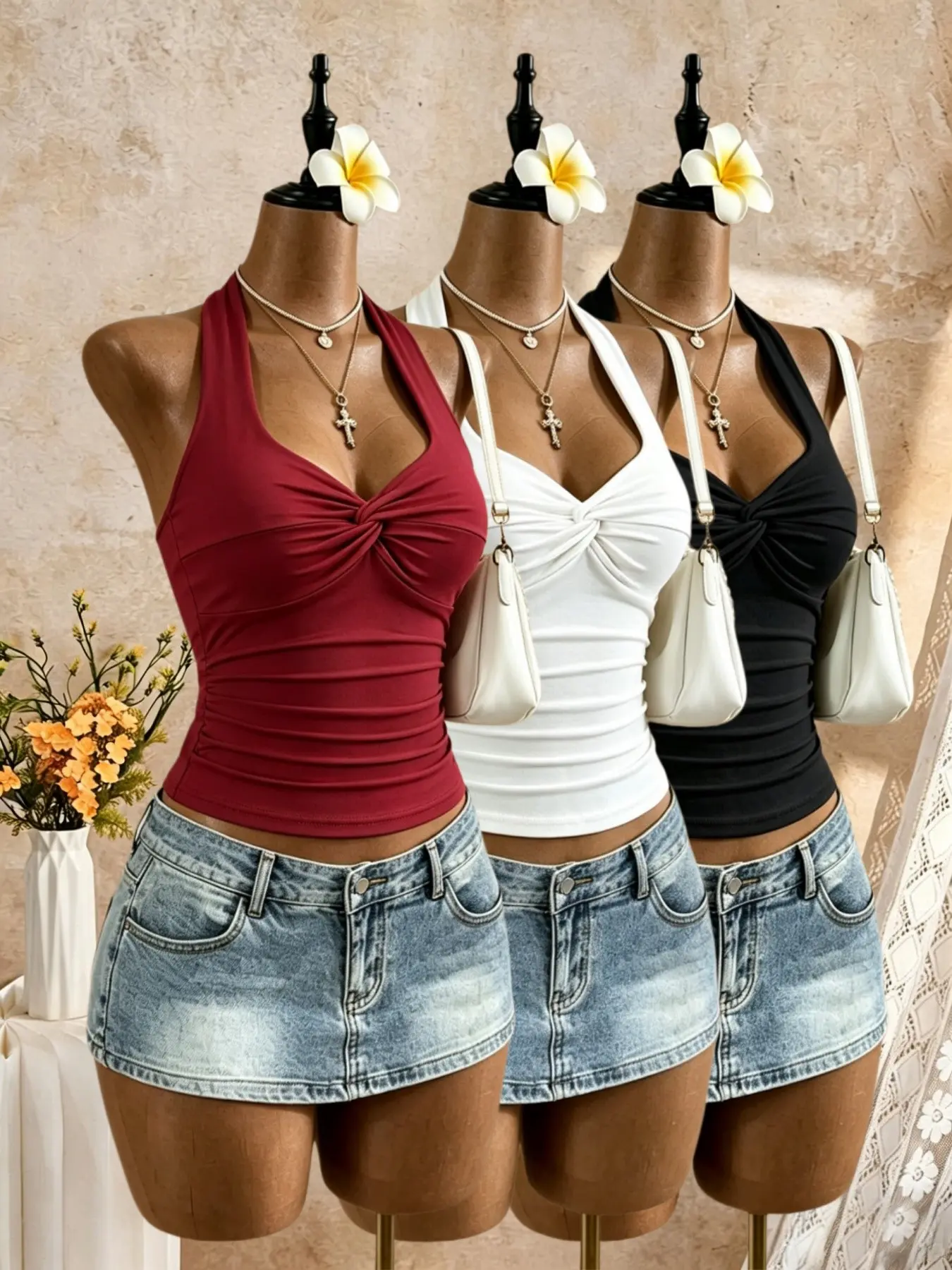 Tie-Back V Neck Halter Top, Slim Fit Sleeveless Backless Tank, Soft Stretch Casual Basic Set, Women's Fashion Three-Piece