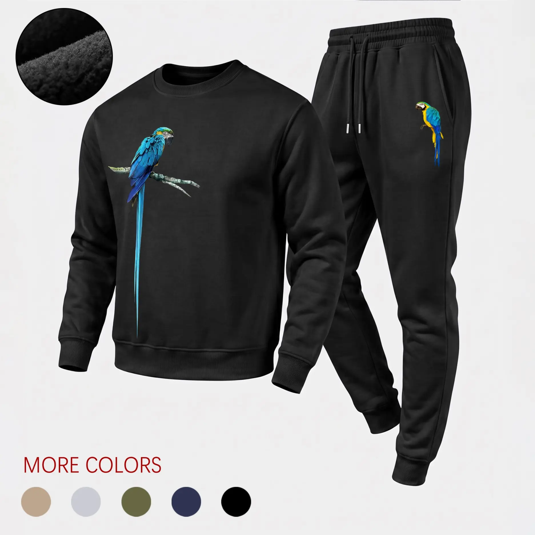 Men's Blue Macaw Parrot Graphic Crewneck Sweatshirt and Jogger Pants Set, Casual Long Sleeve Pullover with Drawstring Sweatpants, Comfortable Fall Winter Tracksuit for Daily Wear, Travel, Lounge and Outdoor Activities