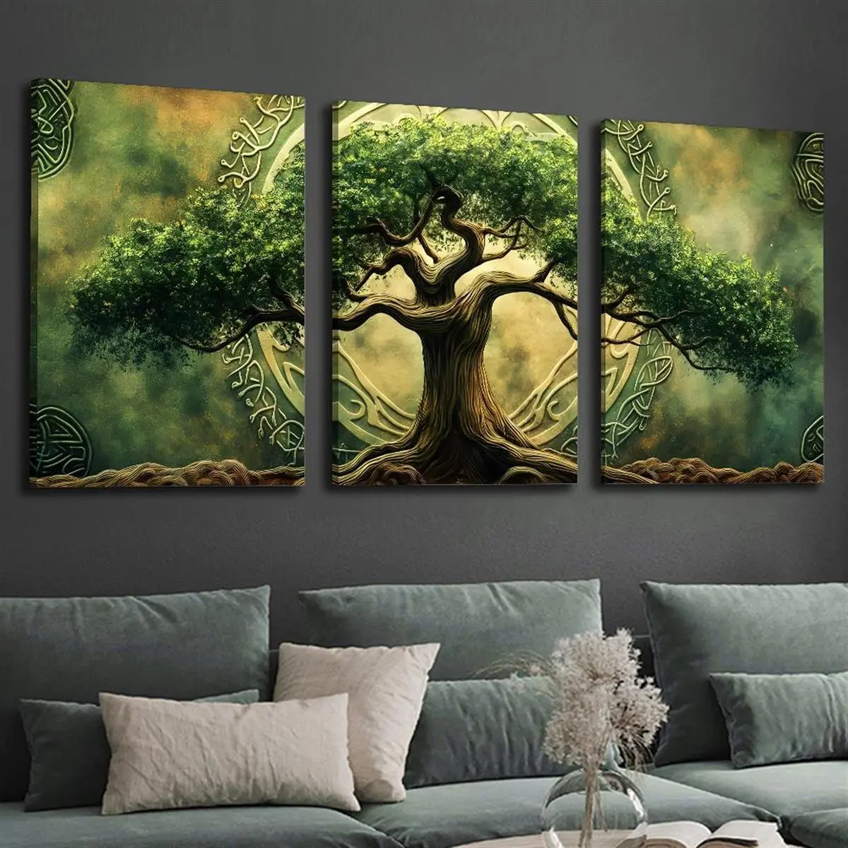 3-Piece Wooden Framed 2D Flat Canvas Wall Art - Medieval Celtic Tree of Life Triptych, HD Plant Illustrations, Lush Green Leaves, Houndstooth-Marble Accents, Ideal for Living Room Decor, Father's Day, Thanksgiving, Easter Gifts