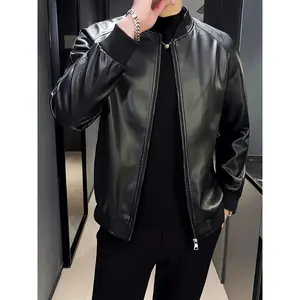 Men's PU Leather Loose Regular-Fit Coat - Menswear Top with Front Functional Pockets, Polyester-Blend, Urban Casual Outdoor Wear Autumn (& Outdoor Clothing)