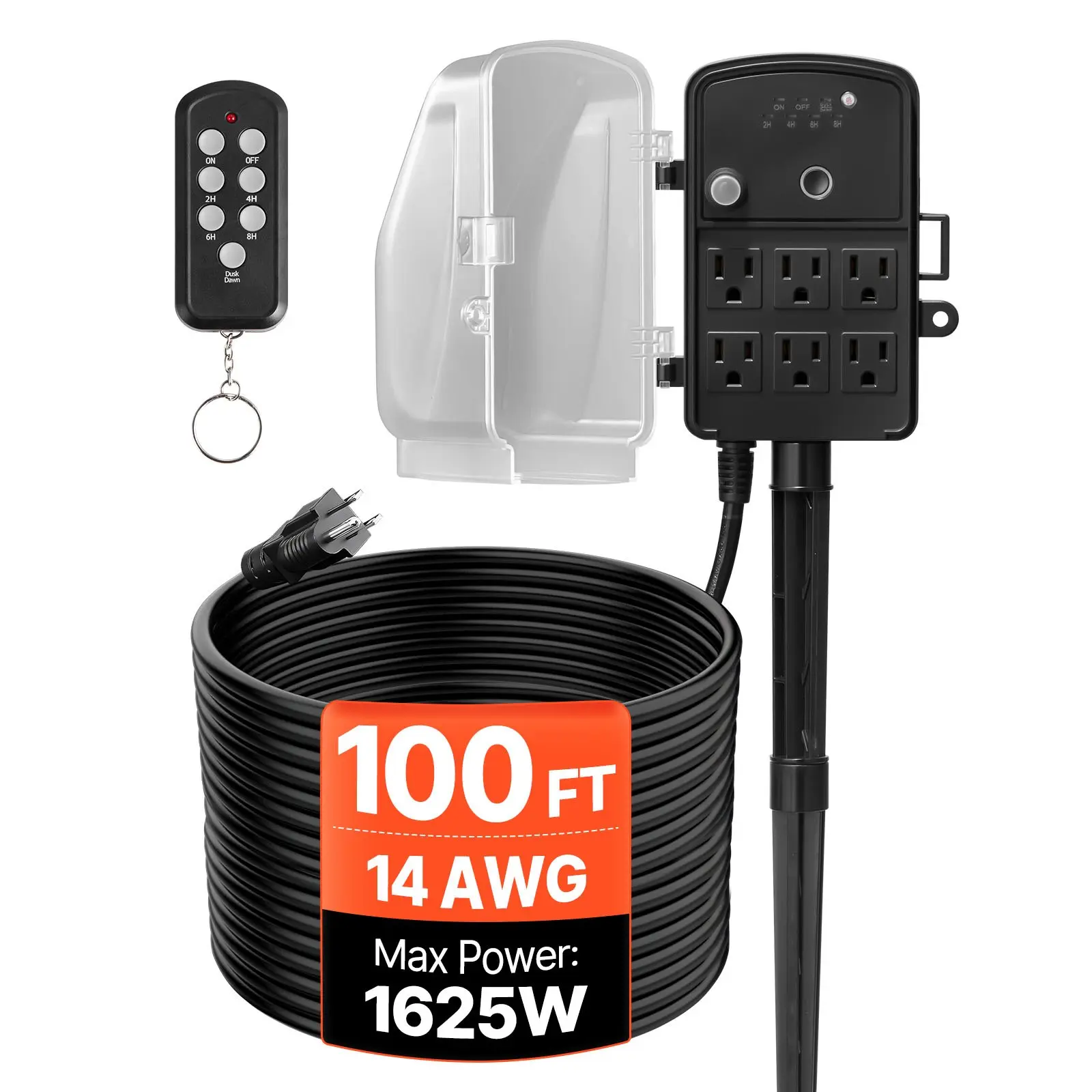 VEVOR Water Proof Outdoor Power Stake with 100 ft Extension Cord, 6 Outlets Plug Strip, 1625W/13A, AC 125V 60Hz, 2 Installation Methods, 3-Core Grounded Design, Remote Dusk-to-Dawn Timer Cover, Pet Supplies Accessories for Garden Devices