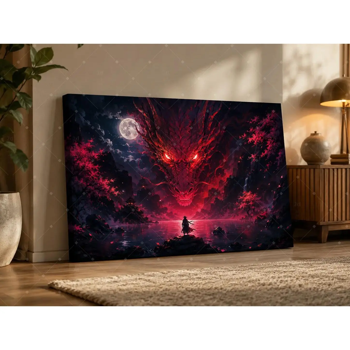 Red Dragon Canvas Wall Art - Moonlight Fantasy Poster Print, Dark Fantasy Artwork for Living Room, Bedroom Decor, Unframed or Framed Canvas Wrap, Home Decoration Gift