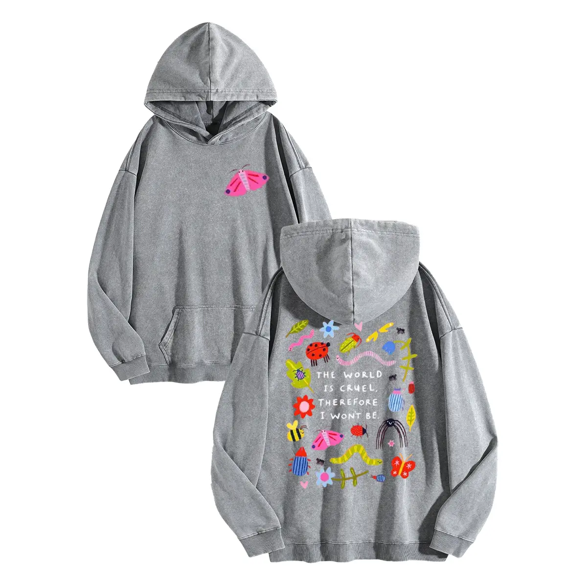 Harleyland Women Hoodie Vintage Acid Wash Slogan Sweatshirt Unisex Oversized Loose‑Fit Winter Streetwear, "The World Is Cruel THEREFORE I WON’T BE" Graphic Print Casual Warm Tunic Top