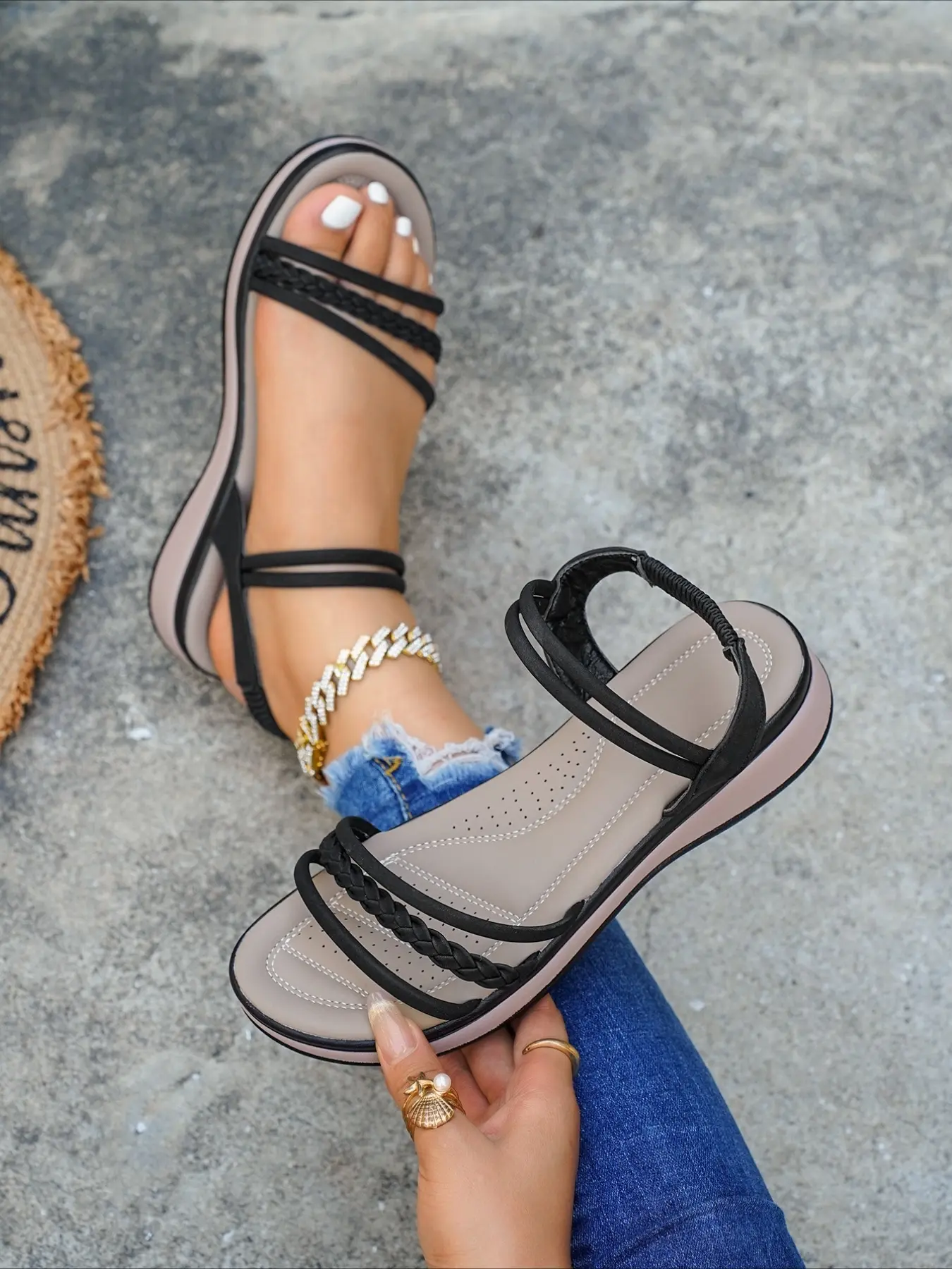 Women's Braided Thin Strap Platform Wedge Sandals, Elastic Slingback Open Toe Casual Shoes, Soft Cushioned Anti-Slip Sole Footwear for Summer Daily Walking & Beach Vacation