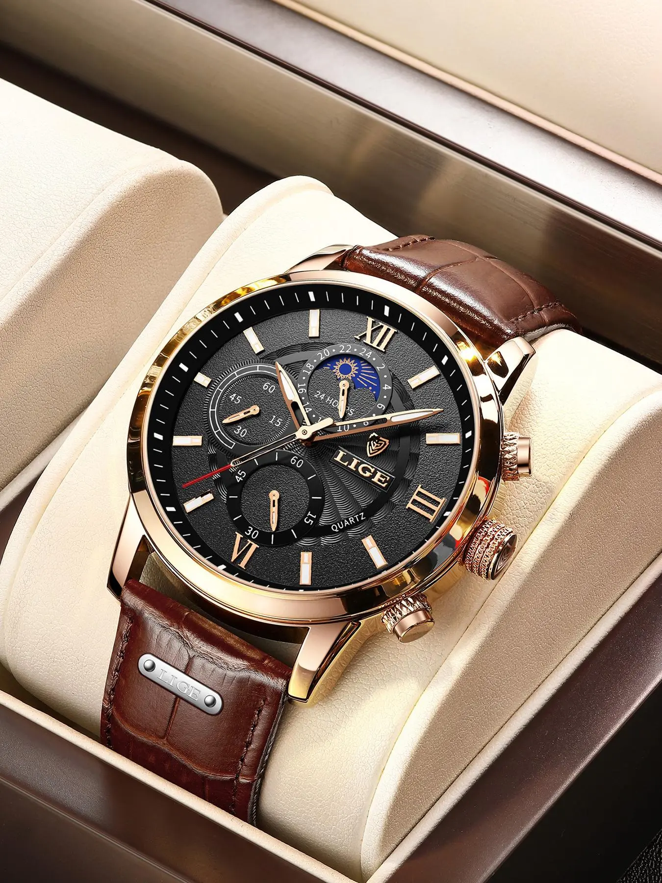 Men's Business Fashion Round Dial Analog Quartz Watch, Summer 2024 Casual Pu Leather Strap Watch, Perfect Gift for Men, with Box, Quartz Wristwatch