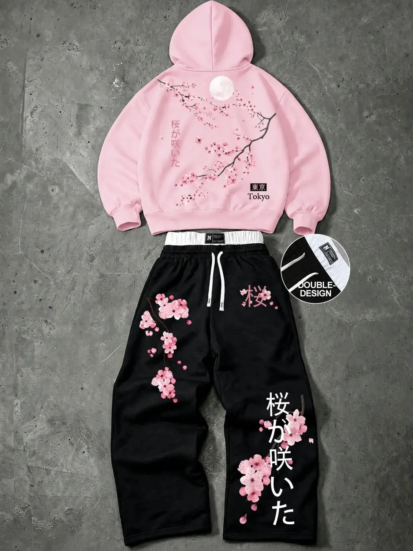 Unisex Japanese Street Style Two-Piece Set, Matching Set, Cherry Blossom Moon Print Hoodie and Sweatpants, Loose-Fit Fall Winter