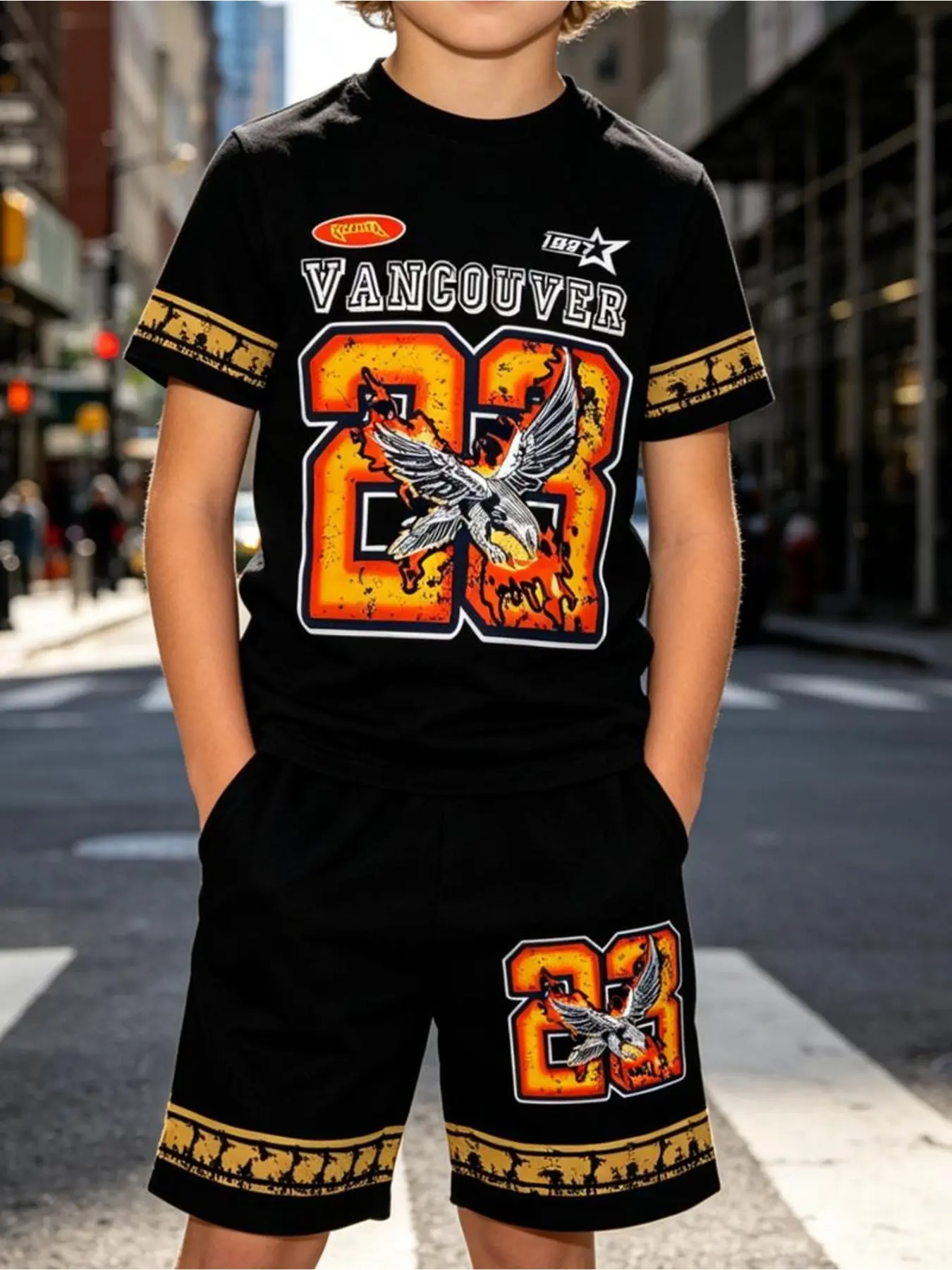 Vancouver Eagles 23 Set, Short Sleeve with Stripes, Flame Eagle Print, Casual Streetwear, All Seasons