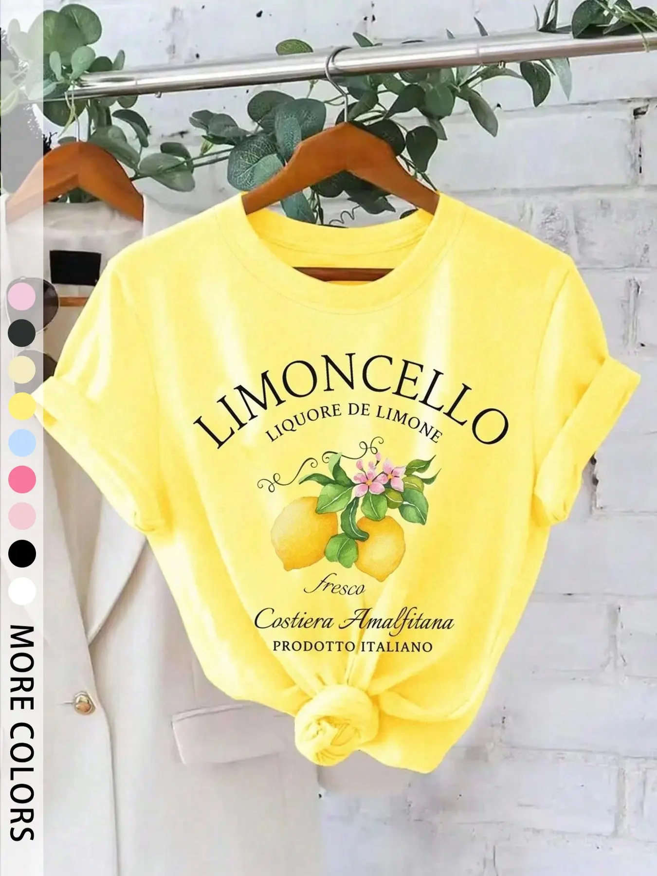 Women's Soft Yellow Limoncello Graphic Print T-Shirt, Casual Short Sleeve Crew Neck Loose Top, Italian Vacation Style Tee For Summer Beach & Daily Wear