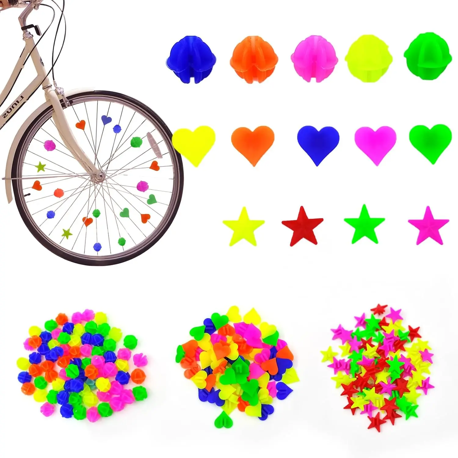 210 count  Wheel Spokes Beads, Colorful Plastic Clip Beads   Spoke Decorations, 's  Spokes Accessoriess Wheel Decorations Covers for  Girls,  Color and 3 Shapes