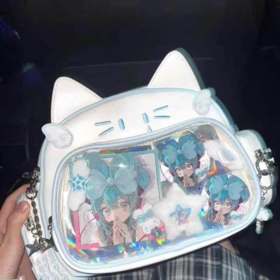 Y2K Korean Cute Cat Ita Bag Japan Kawaii PU Crossbody Bag Girls Transparent Pocket Harajuku Shoulder Bag Silver Fashion Backpack