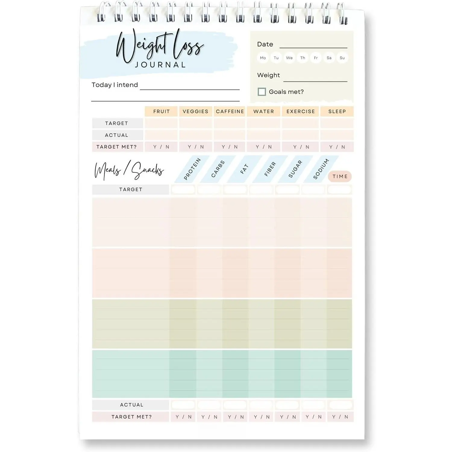 Journal Diary, 5.5 x 8.5, 50 Double-Sided Pages, Spiral Bound | Daily Fitness & Nutrition Planner, Diet Log Book for  Meals, Calories, Workouts &  Goals with  Cover