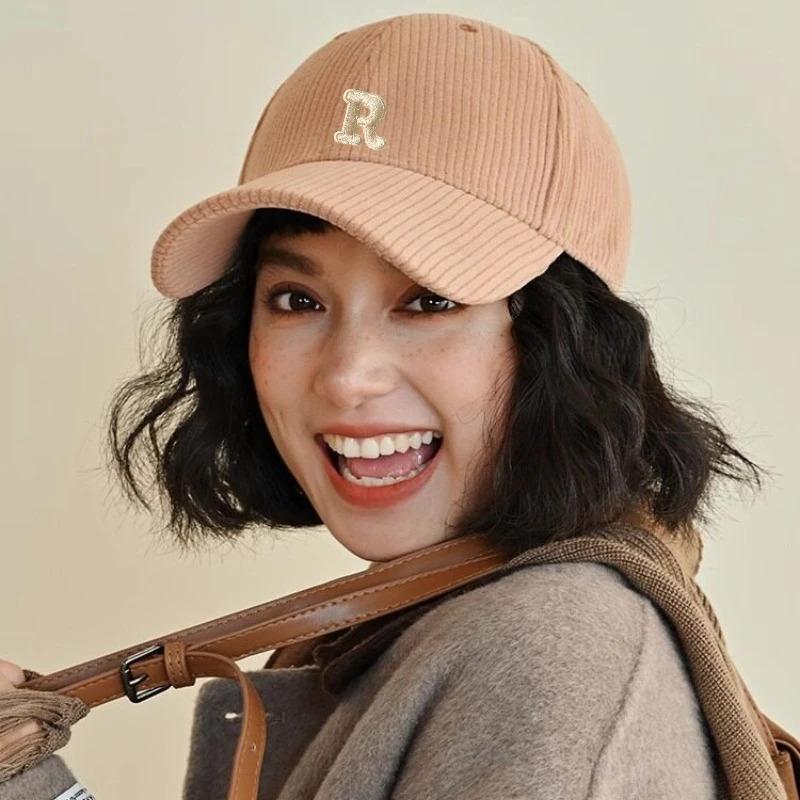1pc Corduroy Baseball Cap with 3D Embroidered 'R' Letter Maillard Color Palette Adjustable StructuredHat Stylish Accessory Women