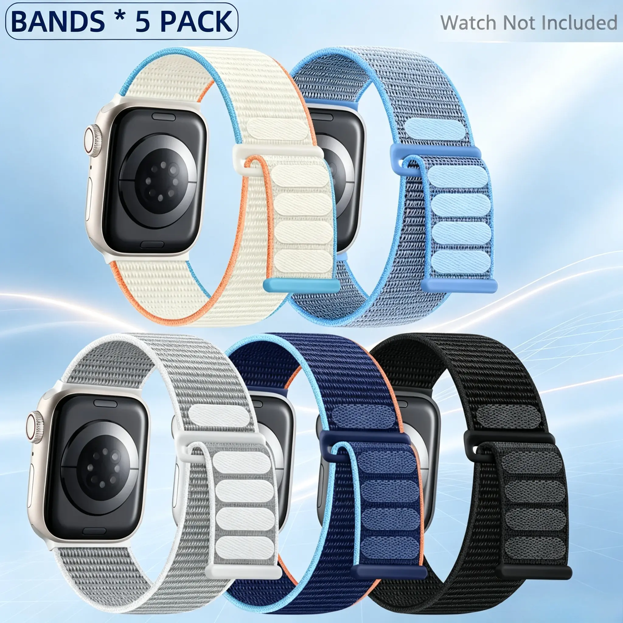 5-Pack Nylon Velcro Sport Loop Watch Straps - Soft, Durable Replacement Bands, Lightweight Comfort Wristbands Compatible With All Watch Series For Daily Casual & Outdoor Wear