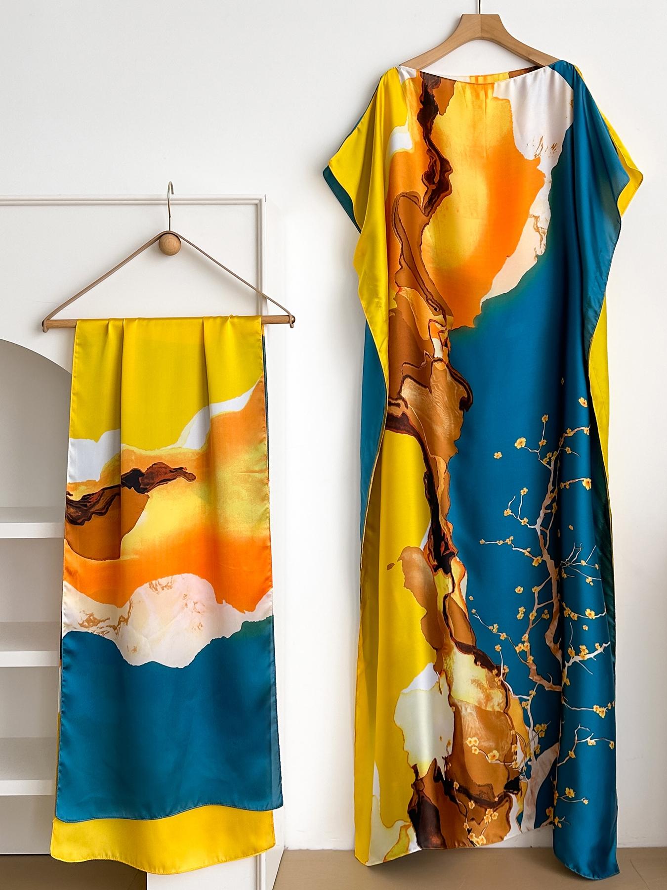 1 Piece Fashion Printed Robe Pullover Shawl moomoo Dress Long Wrap Silk Scarf Headband Ladies Womenswear Seaside Beach Sunshade Sunscreen Satin Silk Scarf