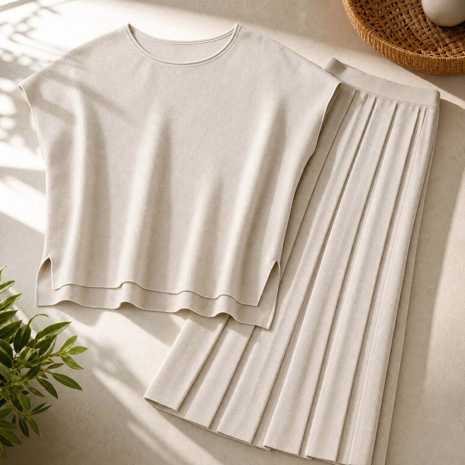 Women's Two Piece Knit Lounge Set with Cap Sleeve Top and Wide Leg Pleated Pants Casual Dressy Sweater Outfit