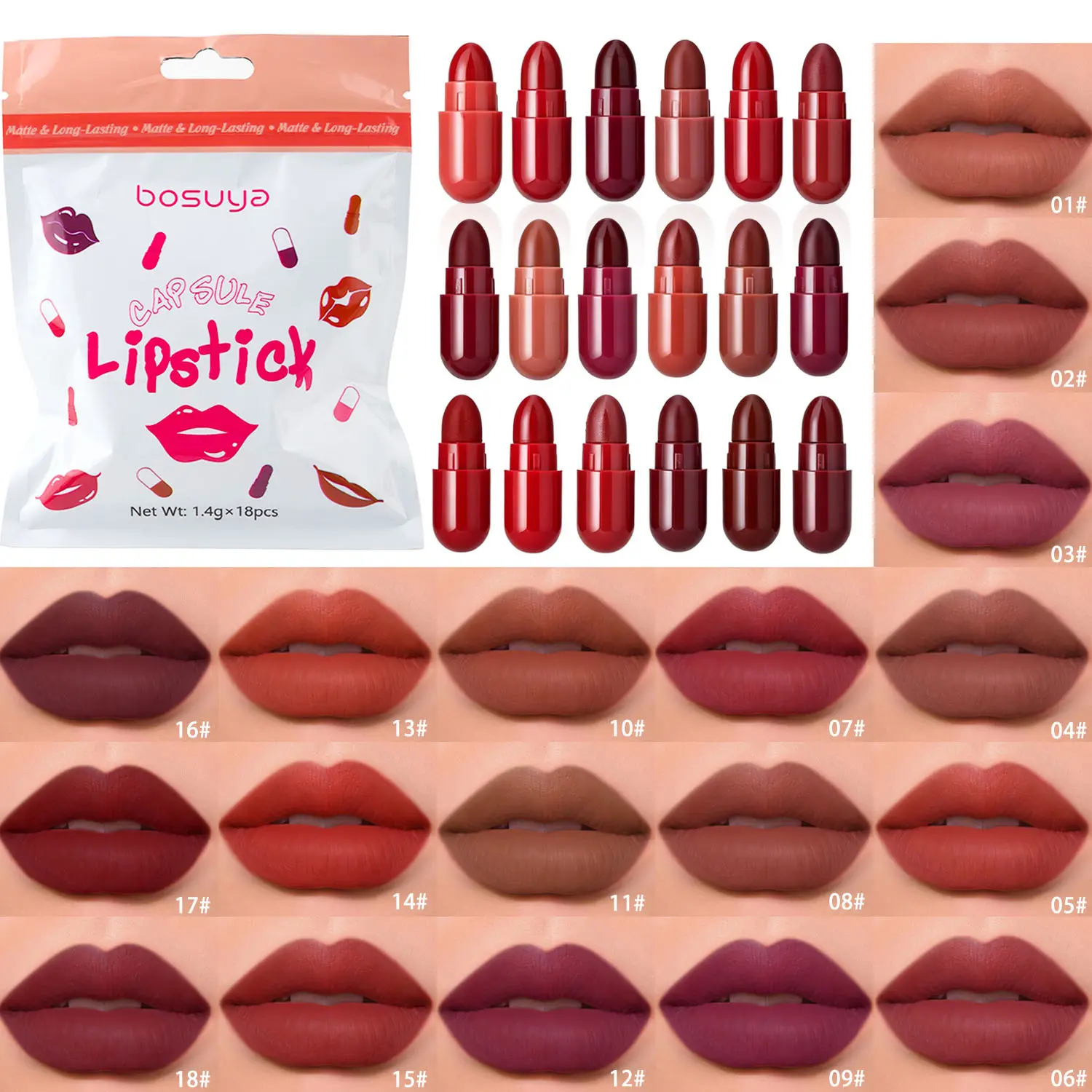 18PCS Capsule Lipstick Set, Natural Long-Lasting Waterproof Mini Matte Lip Gloss Makeup, Non-Staining, Compact Design, Perfect for On-The-Go Use