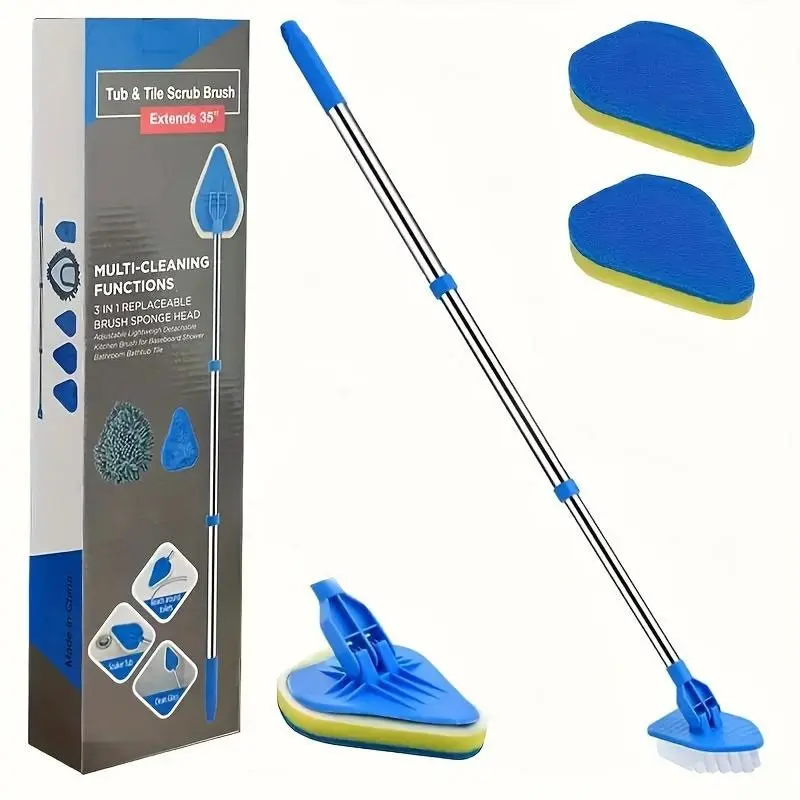 2-In-1 Extendable Shower Brush Set, Long Handle Bath & Tile Floor Cleaner, Includes 3 Sponge Heads & 1 Hard Bristle Head, House Cleaning Tools, Household Cleaning Tool