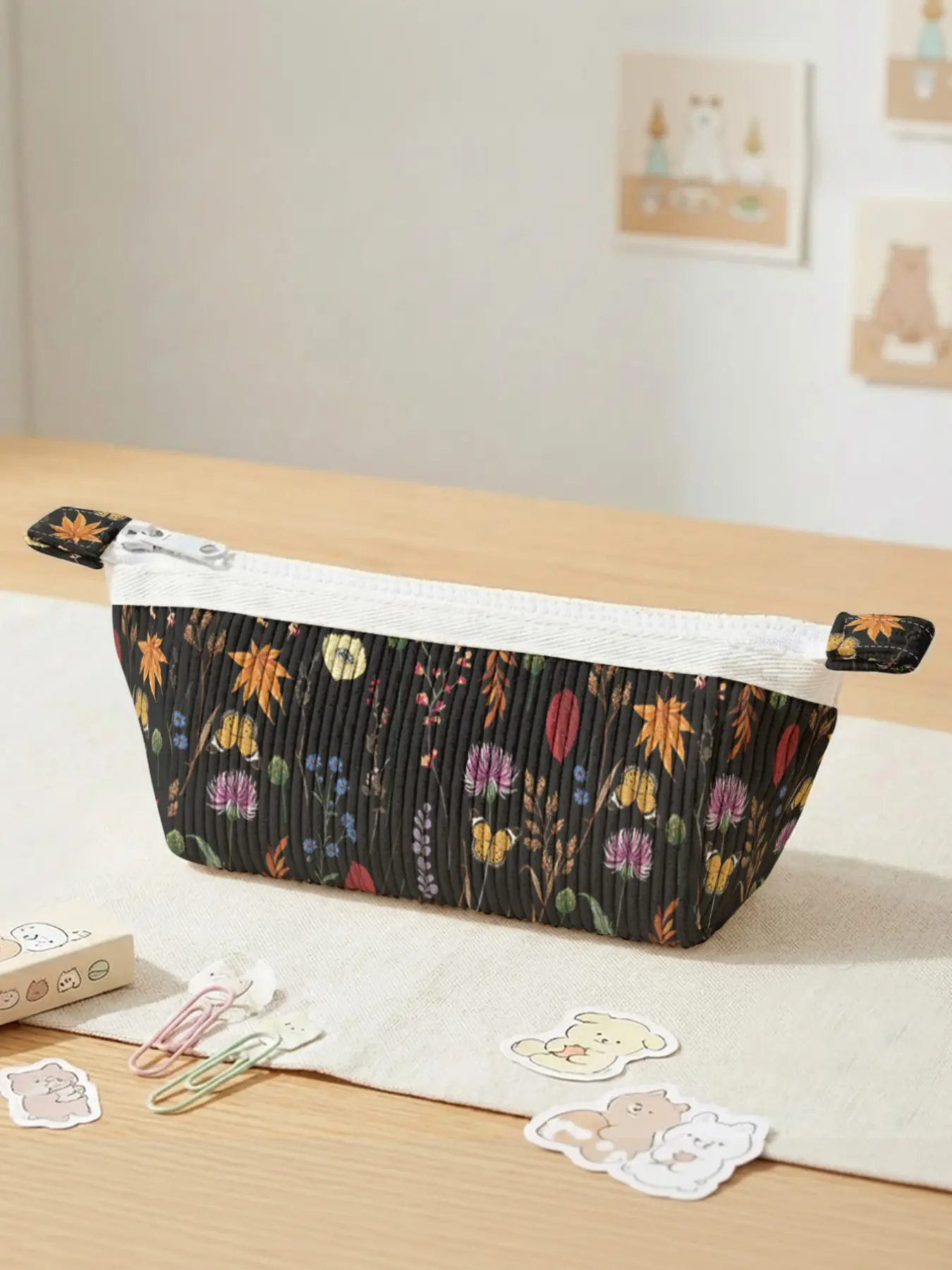 Floral Butterfly Print Pencil Case, Large Capacity Velvet Pen Bag, Casual All-Season Design, Organize School Supplies & Office Essentials