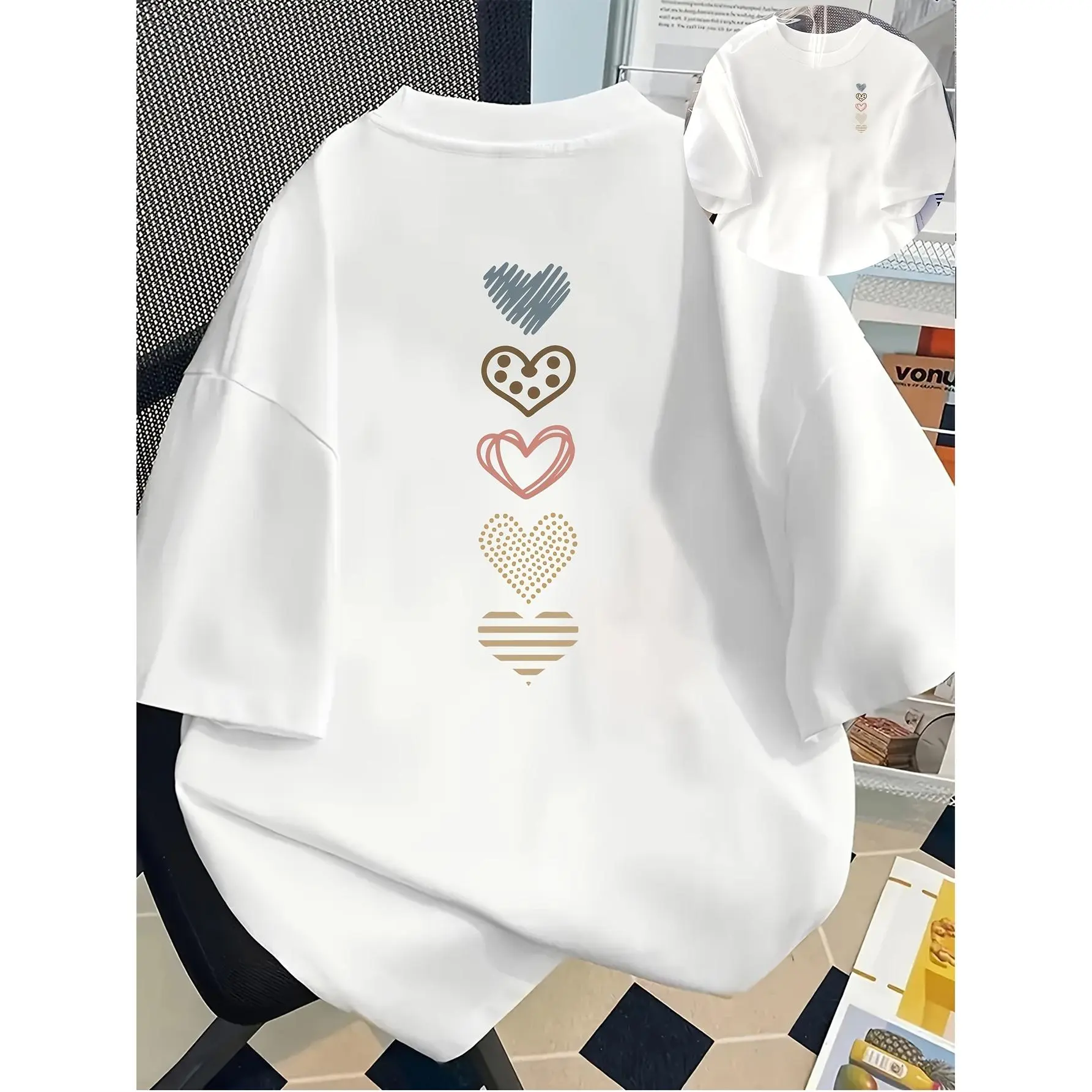 Women'S T-Shirt, Heart Pattern On The Front And Back, Fashionable Short Sleeves With Heart-Shaped Print, Unique Double-Sided Design, Women'S Everyday Wear - Round Neck Casual T-Shirt, Comfortable Fit, Suitable For Casual Outings And Sports