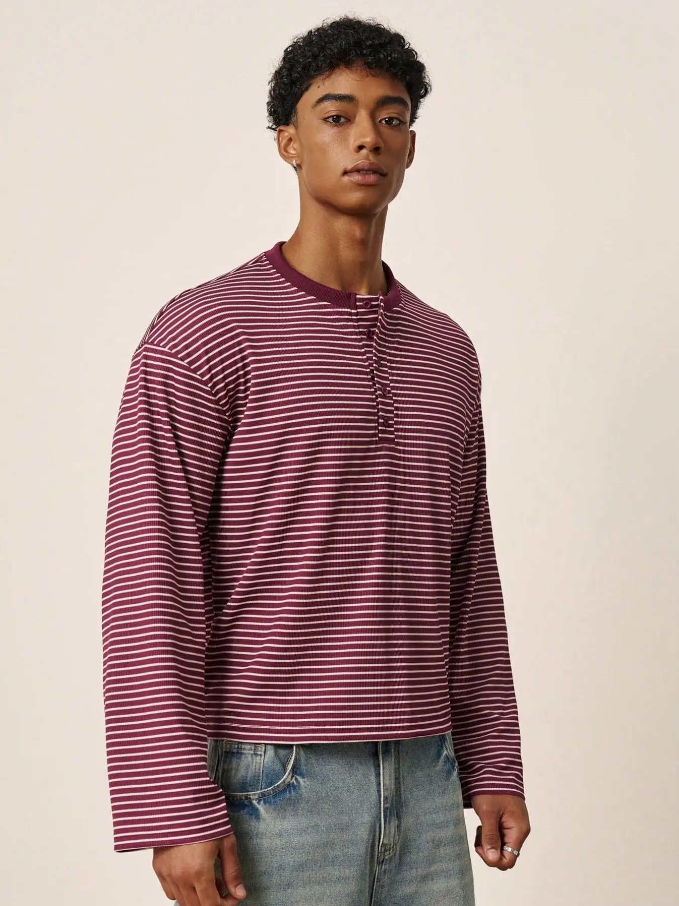 Vintage Striped Henry Collar Long Sleeve T-Shirt for Men, Loose Fit Casual Wine Half Open Front Top, Comfortable Base Layer