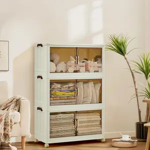 Garvee 243QT Stackable Storage Bins with Lids, Plastic Storage Drawers Featuring Magnetic Doors and Wheels, Foldable Collapsible Closet Organizers for Home, Dorm, and Office Use in White