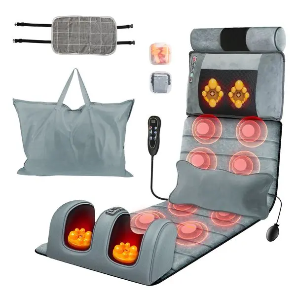 Full Body Electric Massage Mat Heating Vibration Massage Pad Cushion Back Massage Mattress Chair Pad with Neck Foot Massage Head Pillow and Cloth Lumbar Pillow Timer Anti-Slip Bottom Earplugs Adjustable