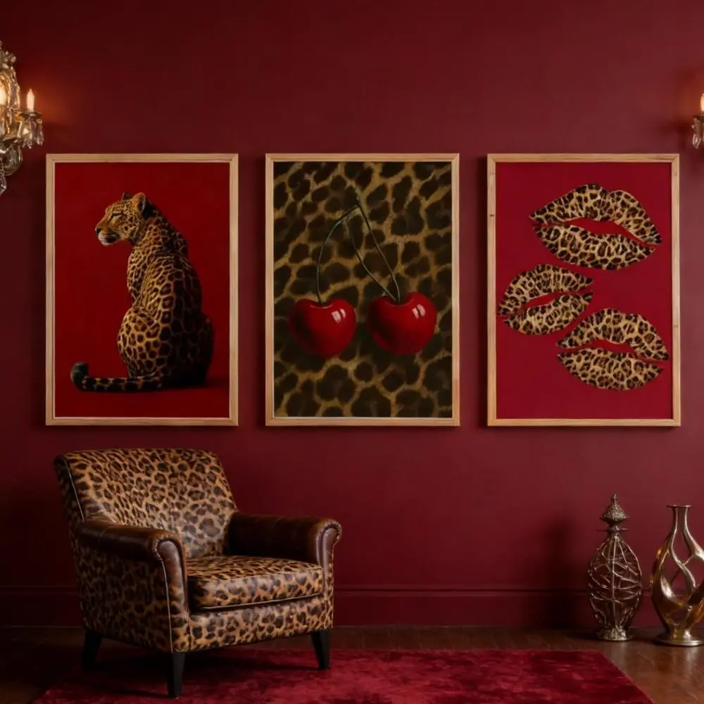 3 Pieces Vintage Leopard Print Red Lips Cherry Art, Seductive Luxury Wall Mural, Bold Sexy Home Art, Trendy Gallery Decor, Rich Tone Poster, Art Canvas Prints, Wall Decor for Living Room and Bedroom, Framed or Unframed.
