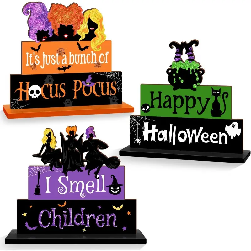 Halloween Hocus Pocus Tabletop Sign Wooden Decor, 3-Piece Witch Halloween Table Sign I Smell Free-Standing Tabletop Decor Sign, Ghost Layered Tray Centerpiece Indoor Home Decor, Home Decor Accessories, Decorative Sign, Decoration Items