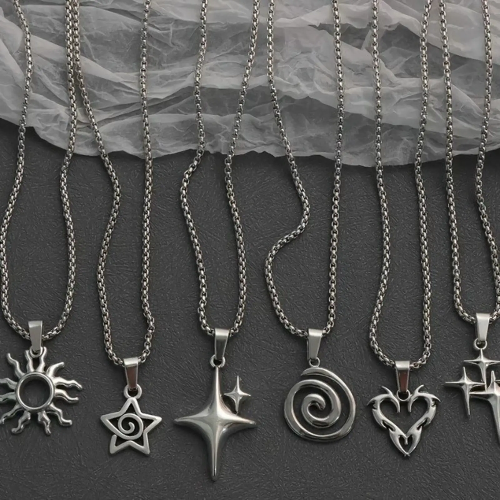 Y2K Stainless Steel Pendant Necklace, Multi Style Sun Star Spiral Heart Cross Neck Chain, Silver Waterproof Punk Neck Jewelry, Unisex Accessory for Streetwear Concert Daily Outfit