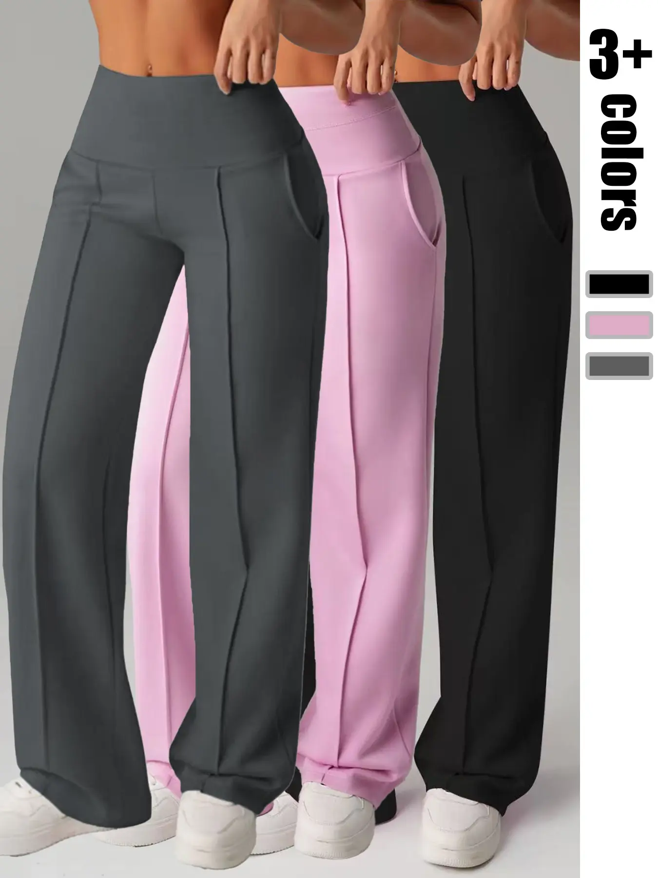 Women High-Waist Yoga Pants with Pockets, Elastic Waist, Wide-Leg Sportswear, Ideal for Gym, Running, All Seasons, Comfortable & Durable