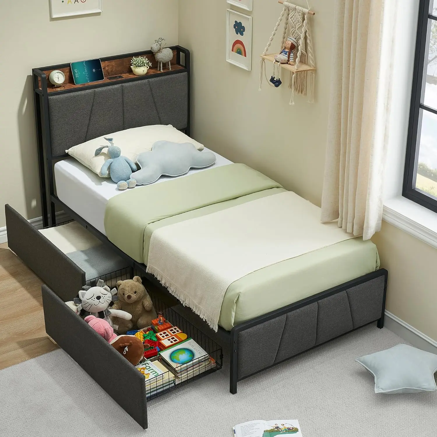 【Garvee】 Built-in Charging Station & Storage – Twin/Full/XL Size Upholstered Platform Bed Frame with Headboard & 2 Drawers – Heavy Duty, Noise-Free, No Box Spring Needed, Easy Assembly – Color: Grey & Brown