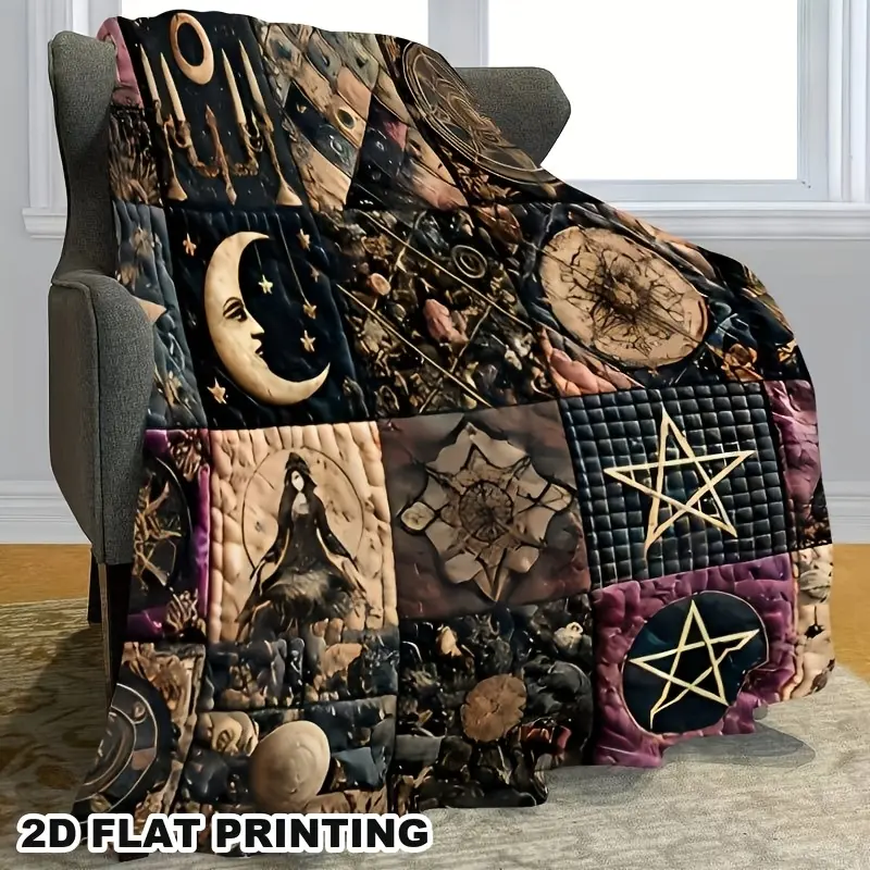 Classic Vintage Gothic Witch Quilted Flannel Blanket - Dark Fantasy 5-Pointed Star Moon Mystic Symbols Crochet, Wrinkle Resistant, Durable Super Soft Plush Geometric Accent Blanket, Suitable for Beds Sofas, All Seasons Gift for Vikanna Heretics, Bedroom D