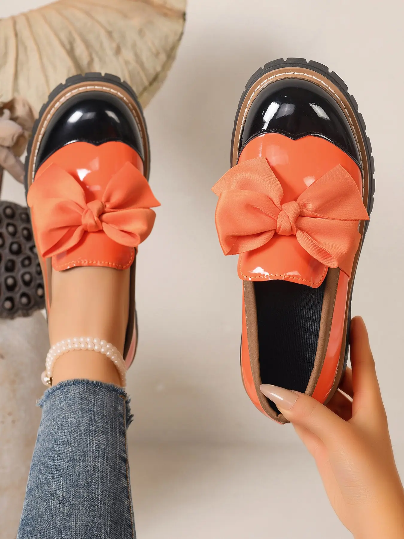 Women Patent Leather Platform Loafers, Cute Brown Bow Decor Slip On Shoes, Preppy Style Chunky Thick Sole Mary Jane Shoes, Casual Height Increasing Black Loafers for Girls Student Daily Wear School Outfit Fashion Footwear Flatform