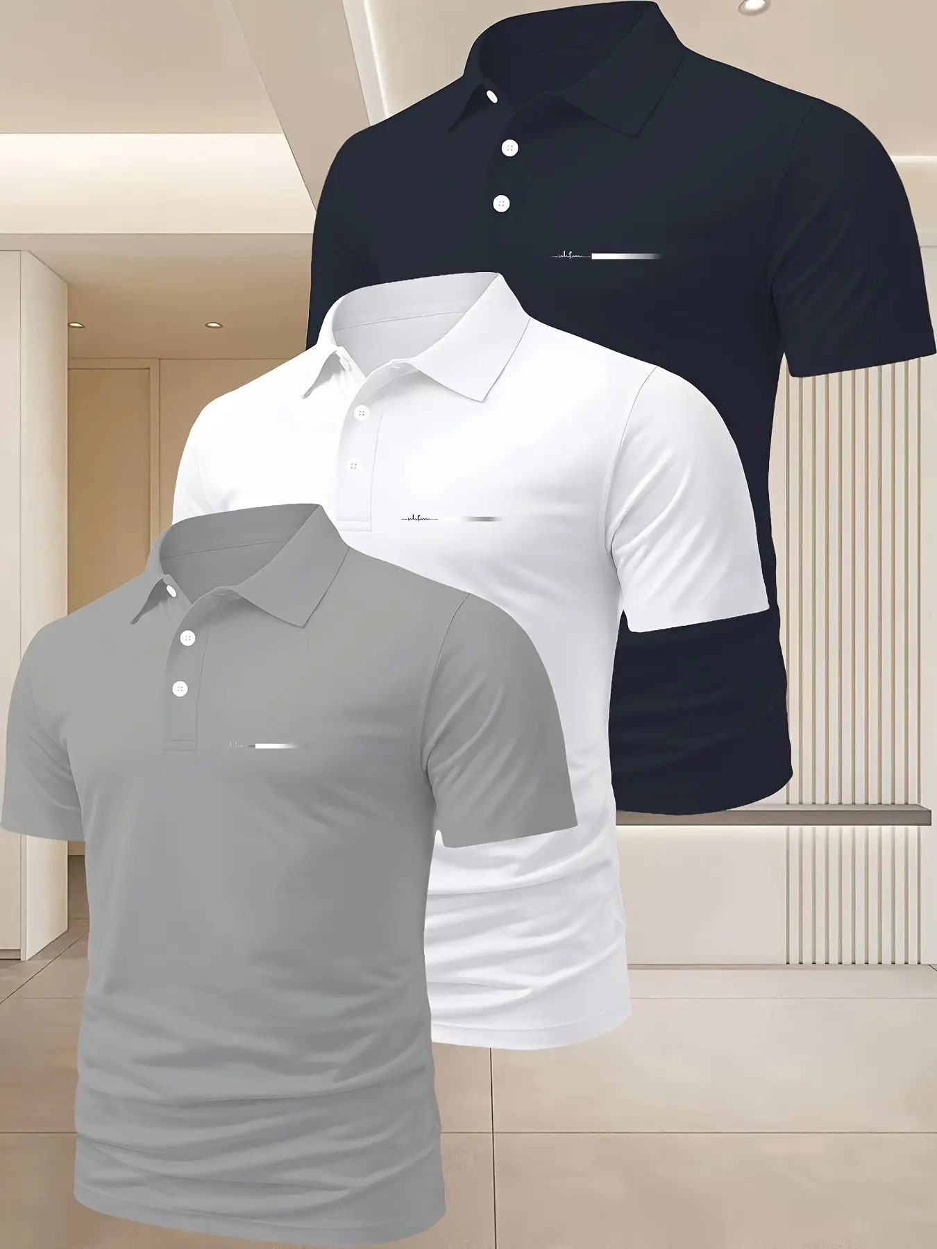 Summer Men's Polo Shirt Set, Three-Piece Collared Short Sleeve Top, Geometric, Breathable Quick-Dry, Suitable for Business and Casual Wear