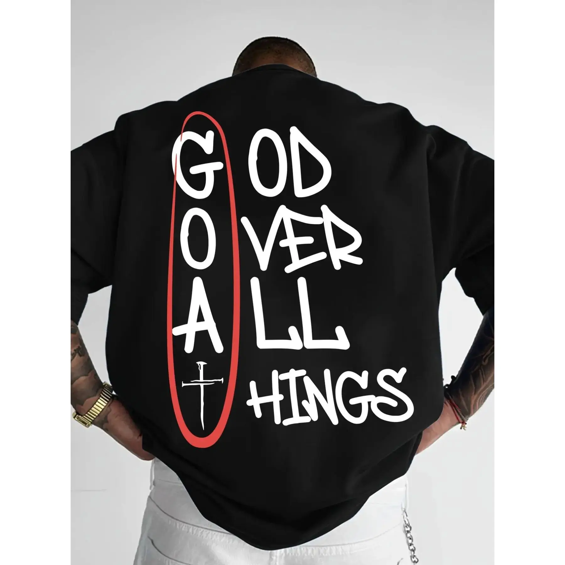 Men's "God Over All Things" Christian Graphic Print T-Shirt, Menswear Streetwear Faith-Inspired Casual Crew Neck Casual Tee, Loose Fit # GodOverAllTee # ChristianStreetwear # FaithPrintTee # CasualEssentials # TikTokMadeMeBuyIt