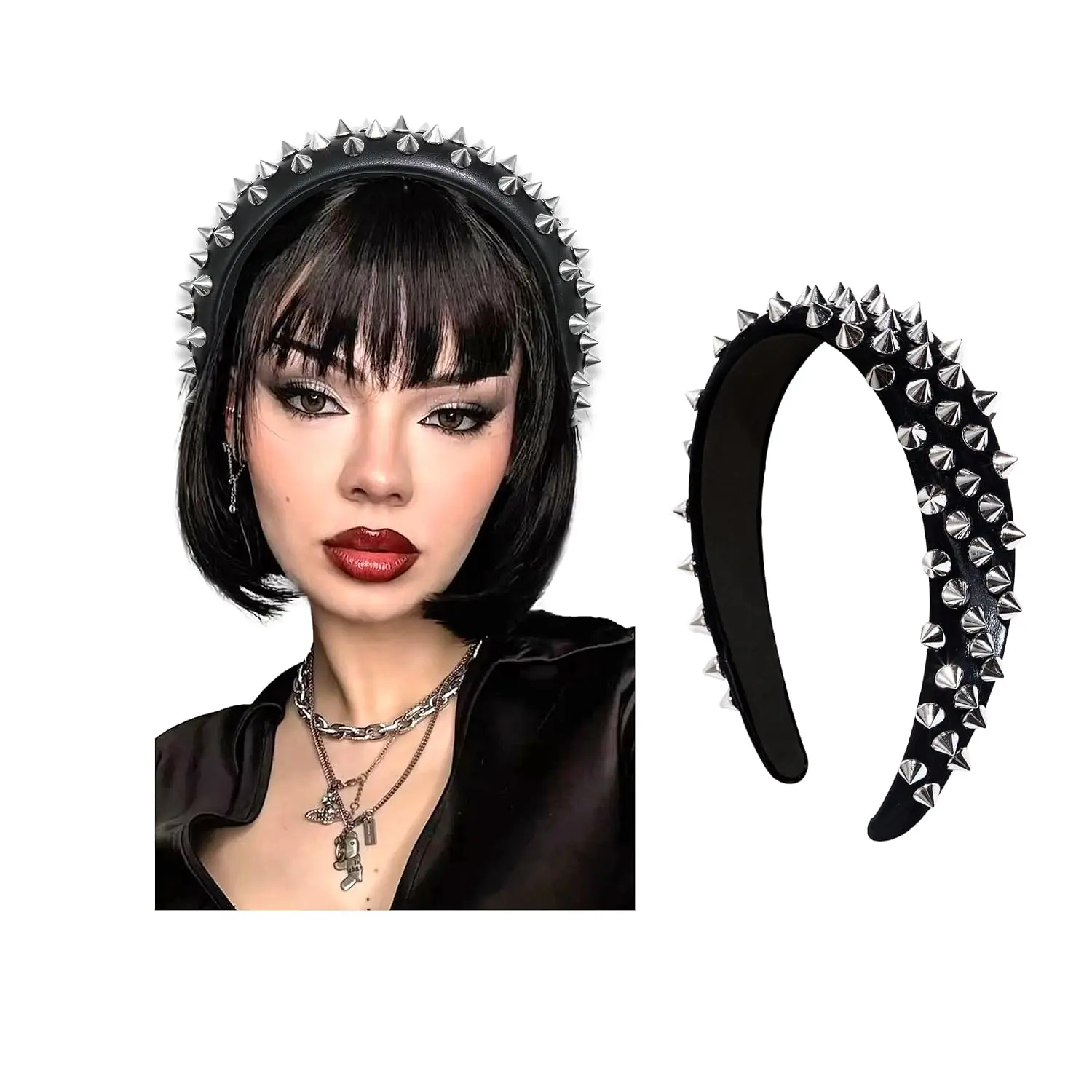 Black Spike Headband Punk Leather Studded Hair Band Gothic Rock Roll Hair Hoops Headwear Valentine's Day  Hair Accessories Decoration for Women and Girls