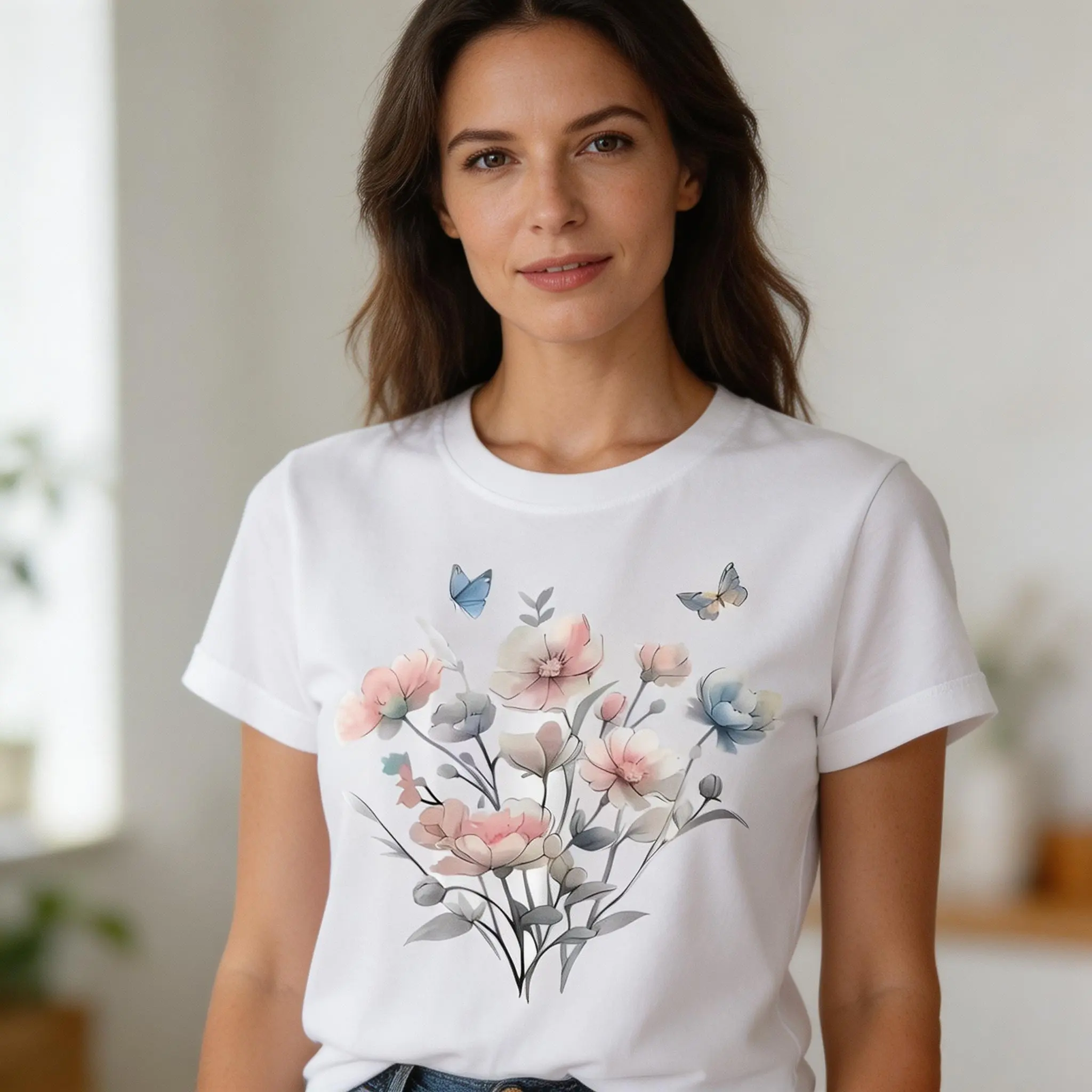 Women'S Watercolor Floral Butterfly Short Sleeve T-Shirt | Chic Crew Neck, Floral Gradient Print, Versatile Daily Commute Top