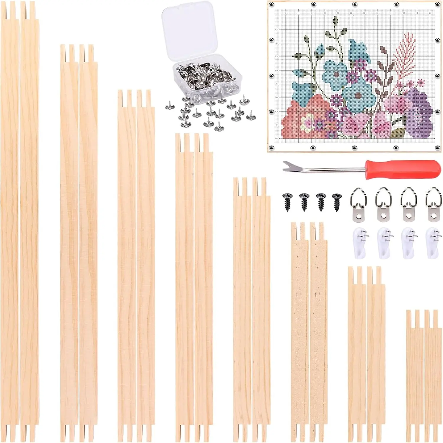 16 Pcs 8 Sets Needlepoint Stretcher Bars, 8 Sizes with 100 Tacks & Tacks Remover, Solid Wood Canvas Splicing Stretcher Bars for Embroidery Stitch Crafts Art Needlework