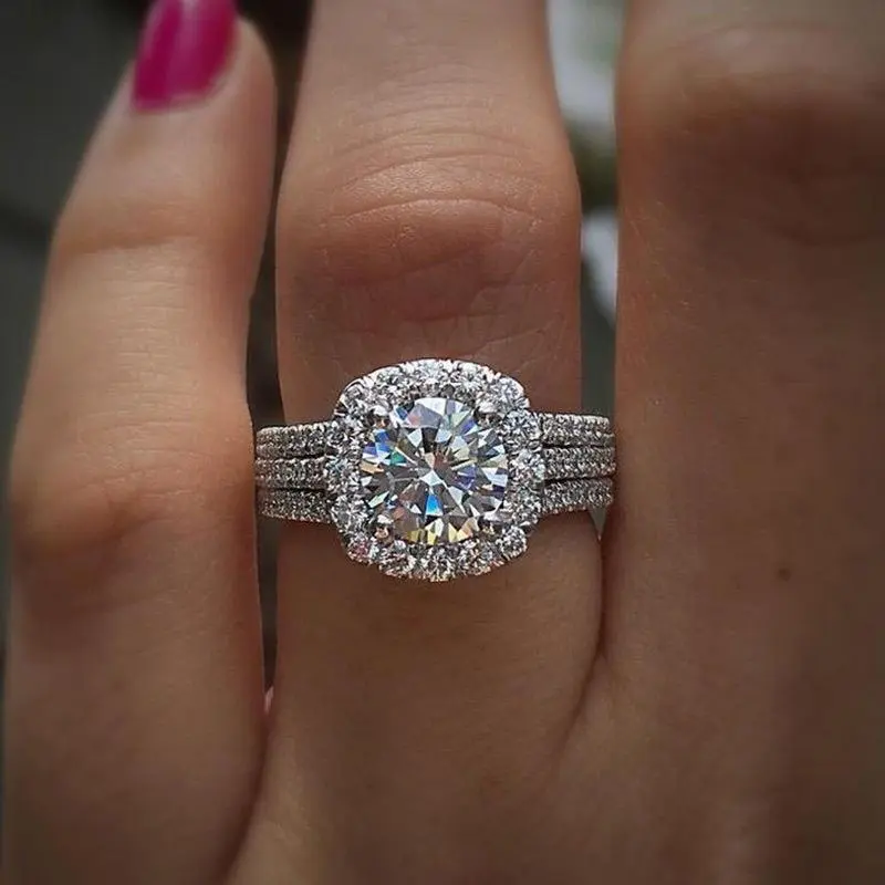 Synthetic Zirconia 4 Prong Setting Single Stone Side Micro Pave 3 Row Rings Plated White K Copper for Women Valentine's Day Wedding Casual Party Daily Occasion April Birthstone All Season