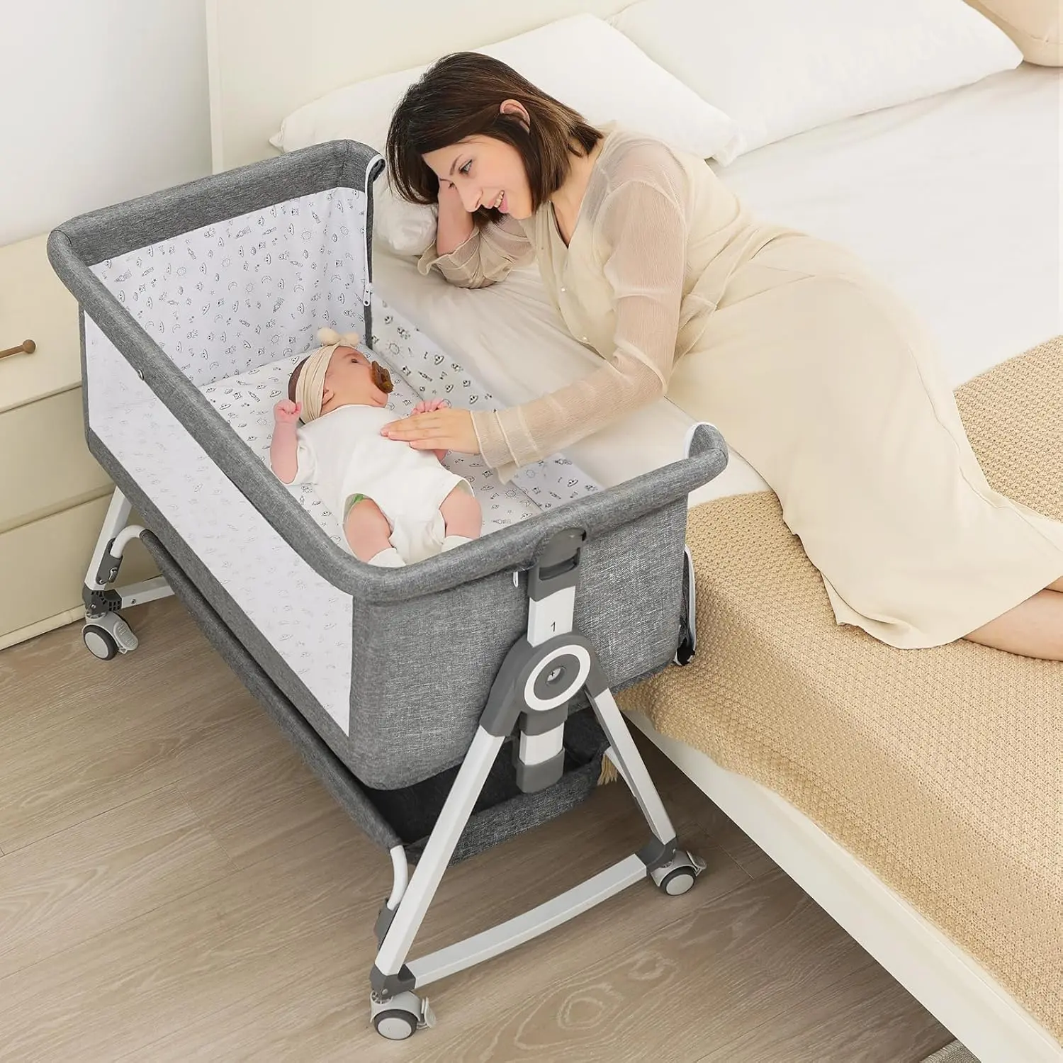 4-in-1 Portable Bedside Bassinet for Newborns, Twin-Friendly Newborn Baby Stuff, Adjustable Height, Locking Wheels, Waterproof Mattress, Grey Baby Furniture