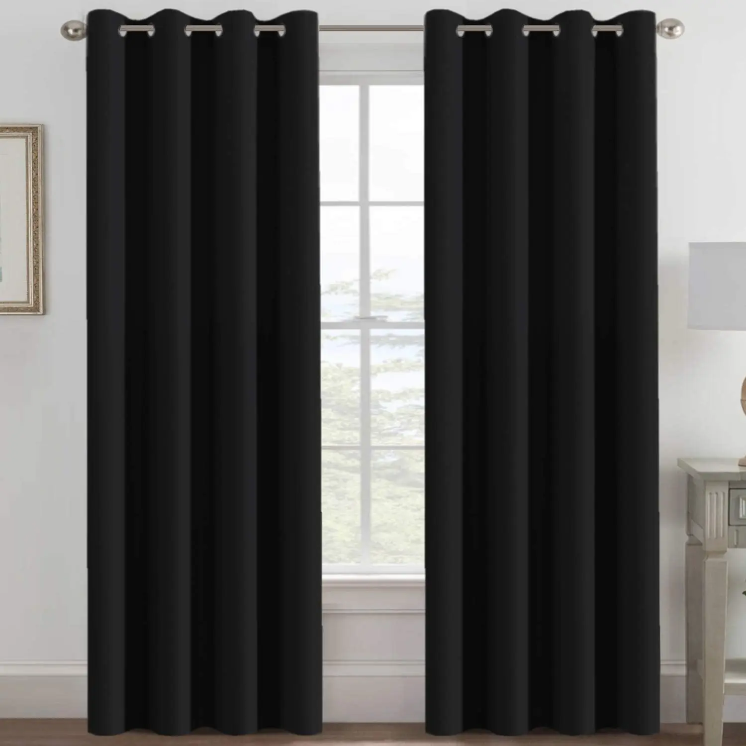 Jet Black 100% Blackout Grommet Curtains, 96-Inch Thermal Insulated Energy-Saving Curtain Panel for Bedroom, Living Room