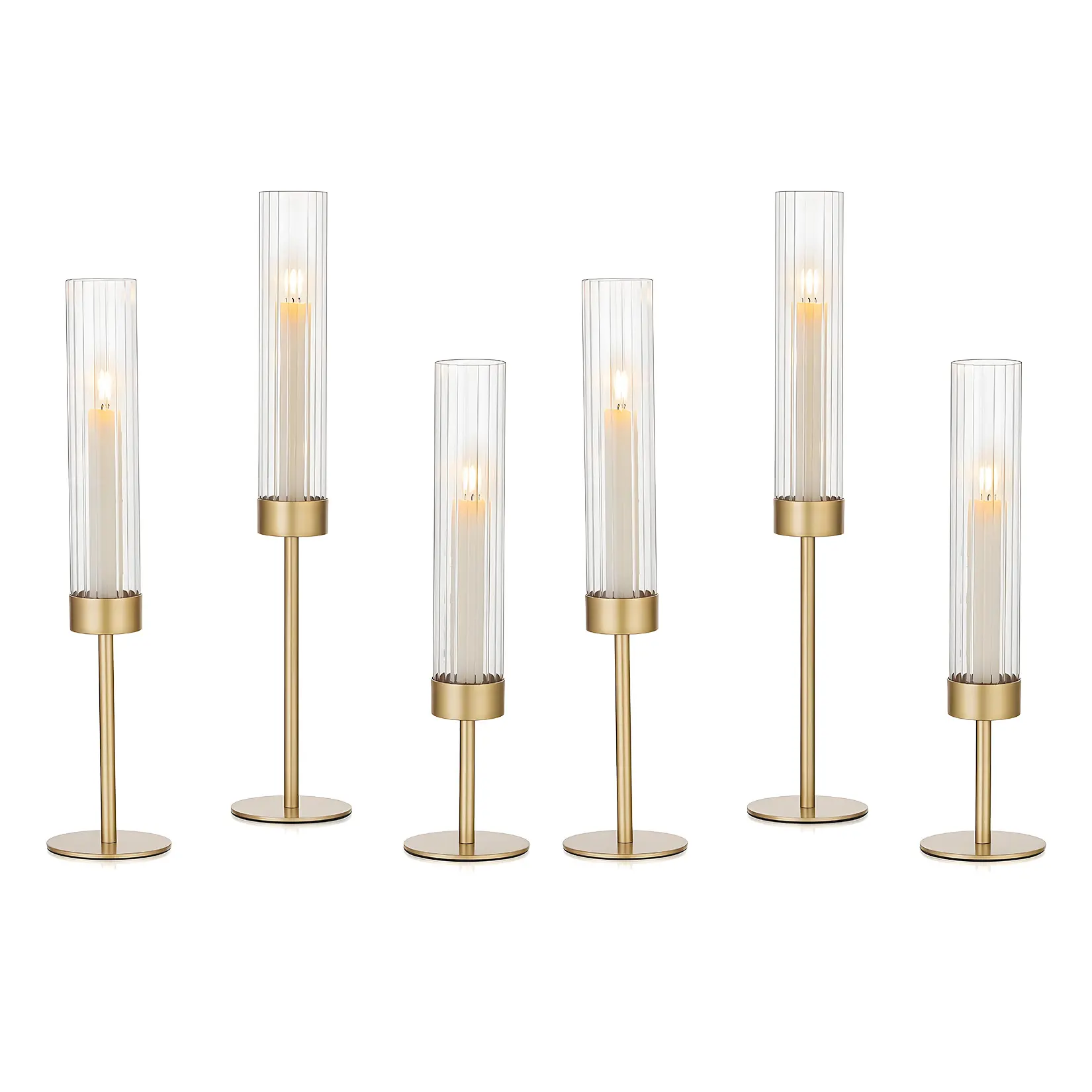 6-Pack Gold Hurricane Candle Holders, Ribbed Glass Cylinder Sleeves with Elegant Taper Candle Stand for Wedding Centerpiece, Christmas & Home Decor, Gold