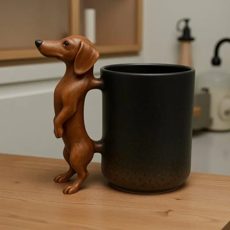 Cute Coffee Mug with 3D Dachshund Handle, Cozy Mug, Unisex Perfect Gift, Unique Dog Lover Collectible, Adorable Dachshund Mug for All Ages, Coffee Cups